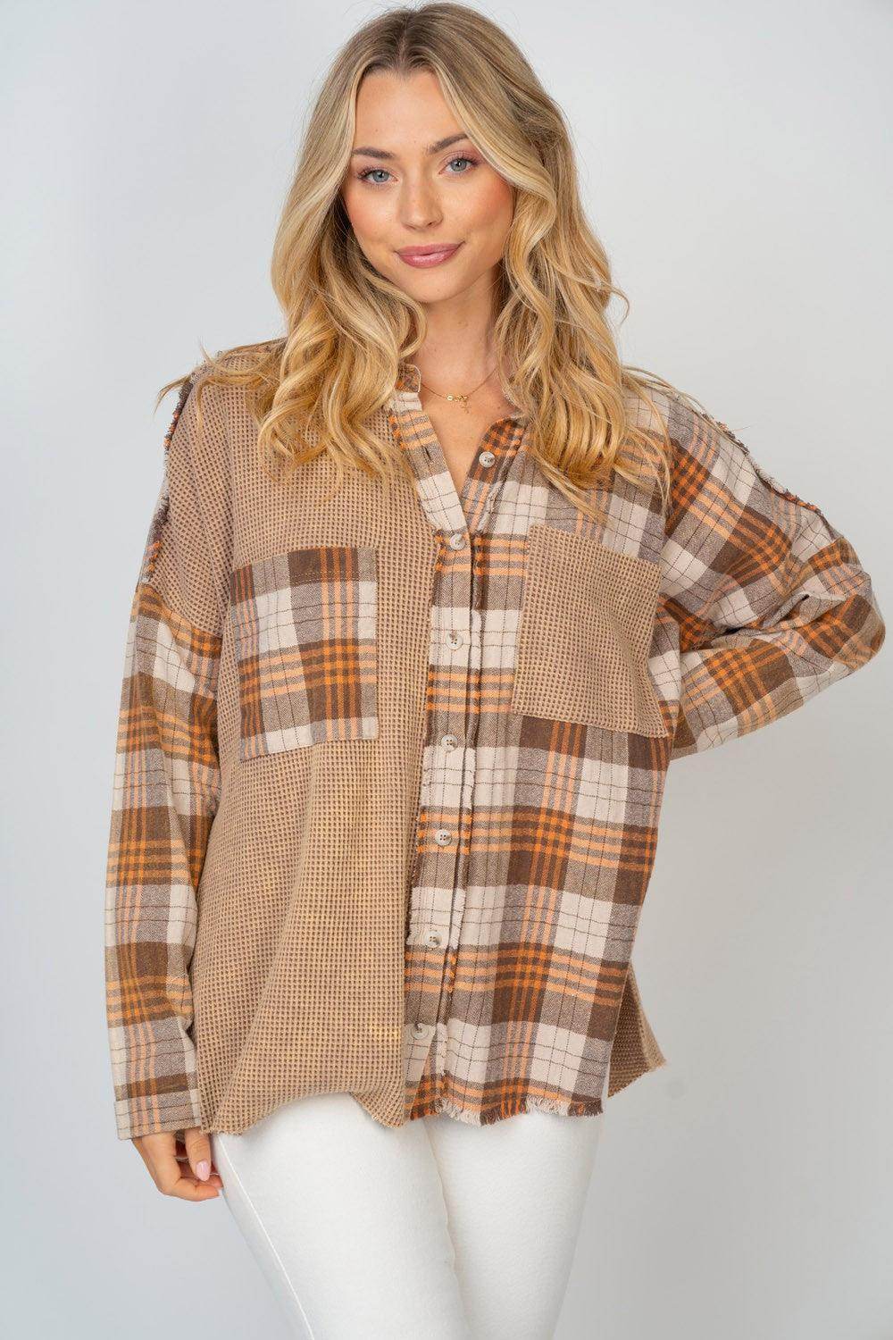 White Birch Full Size Contrast Plaid Button Down Shirt - Selvanelle