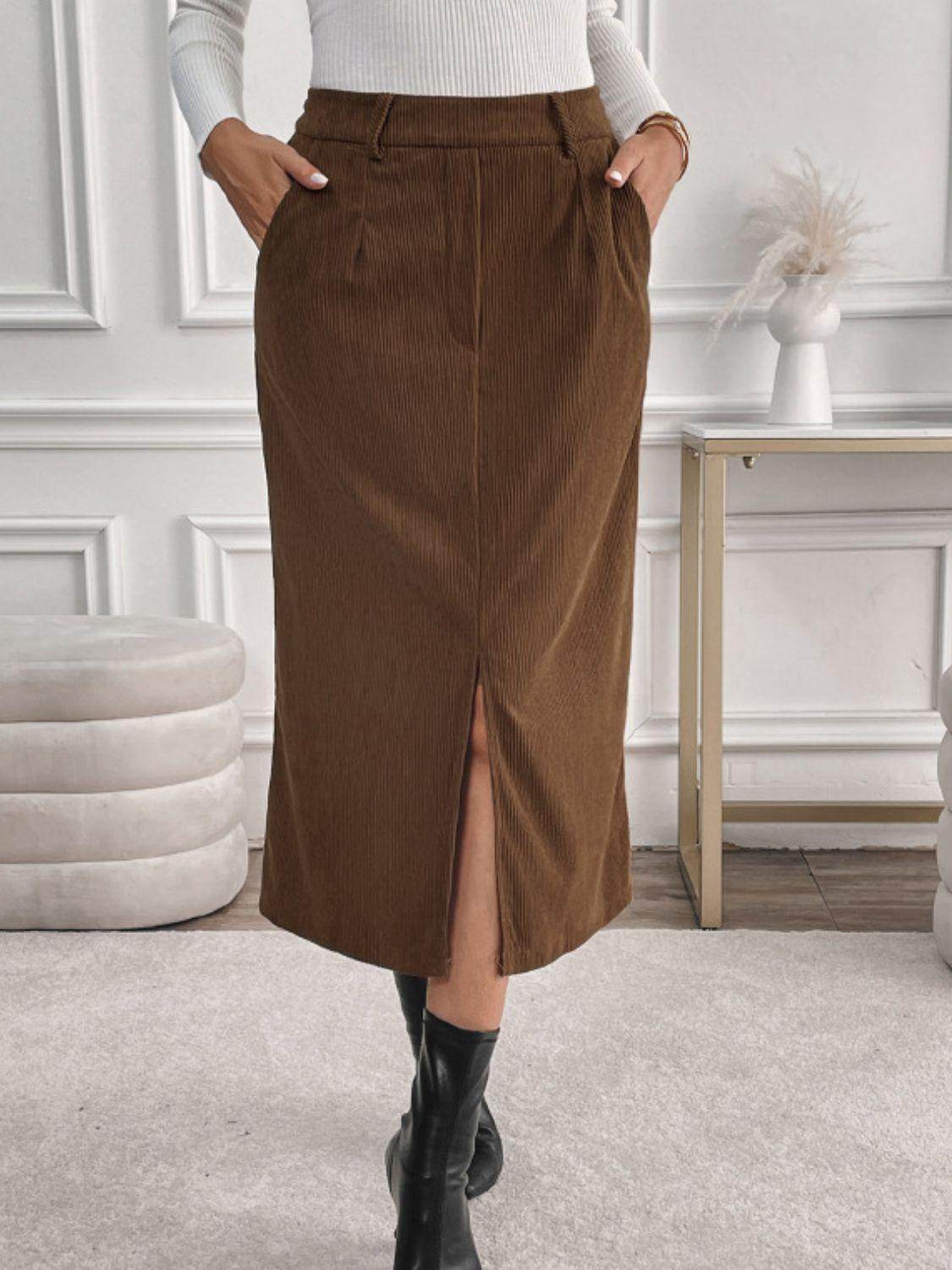 Perfee Slit Midi Skirt with Pockets for Stylish Comfort - Selvanelle
