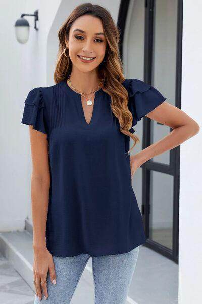 Ruffled Notched Short Sleeve Blouse for Women Stylish Wear - Selvanelle