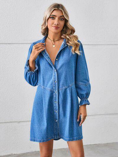 Button Up Flounce Sleeve Mini Denim Dress for Women - Selvanelle