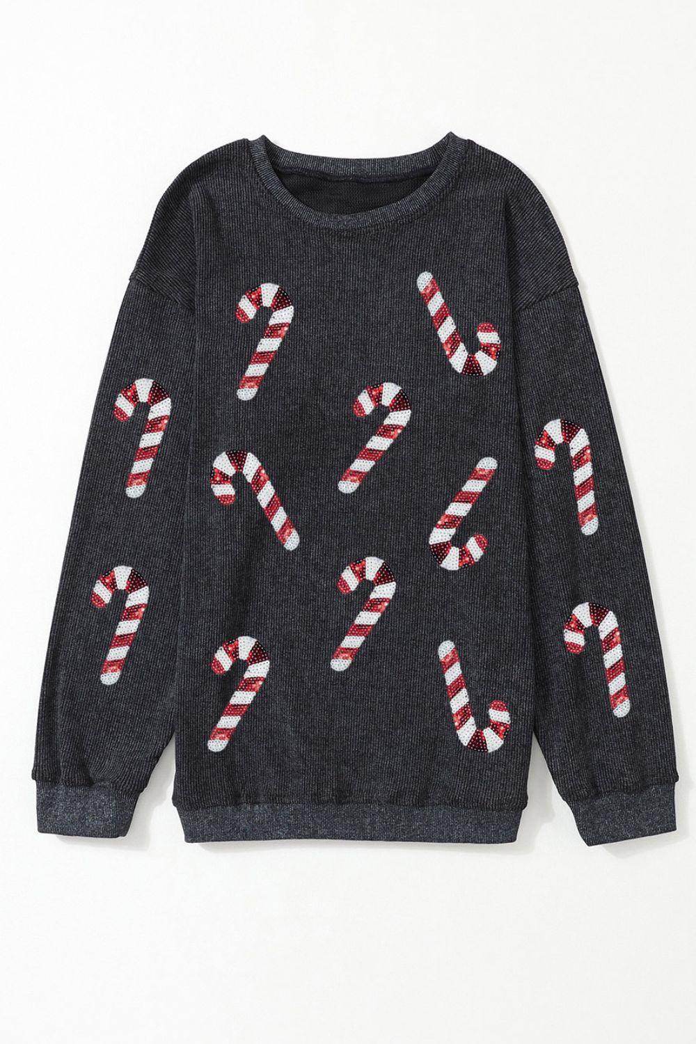 Sequin Candy Cane Round Neck Sweatshirt for Women - Selvanelle