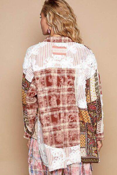 POL Crochet Plaid Patchwork Button Up Shirt for Women - Selvanelle