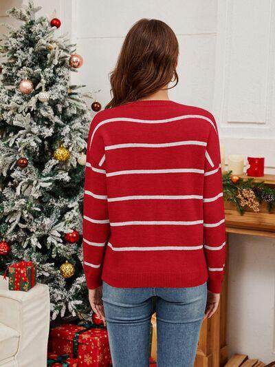 Sequin Santa Striped Round Neck Long Sleeve Sweater for Women - Selvanelle