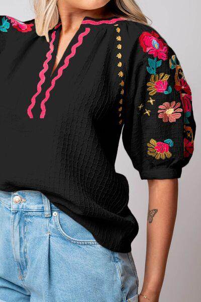 Floral Embroidered Notched Puff Sleeve Blouse for Women - Selvanelle