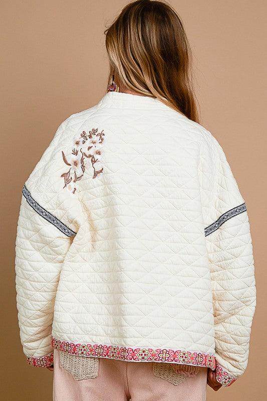POL Embroidered Open Front Long Sleeve Jacket for Women - Selvanelle
