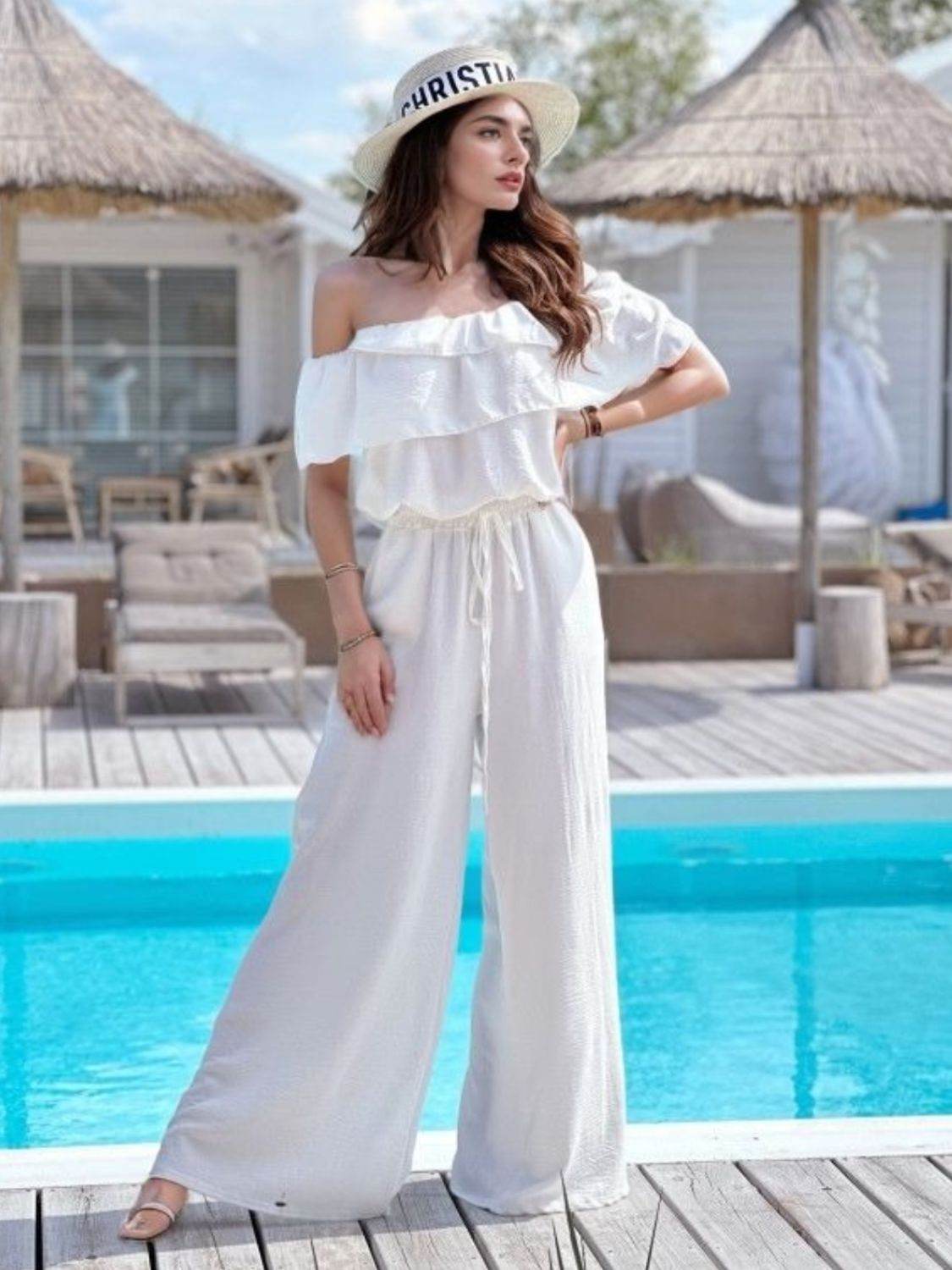 Ruffled Off Shoulder Wide Leg Jumpsuit - Selvanelle