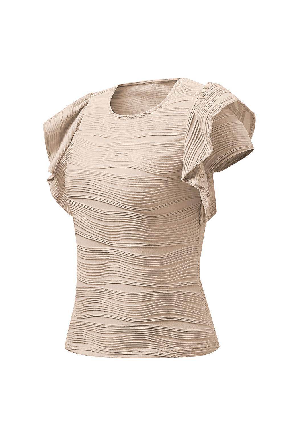 Textured Round Neck Cap Sleeve Top for Casual Style - Selvanelle