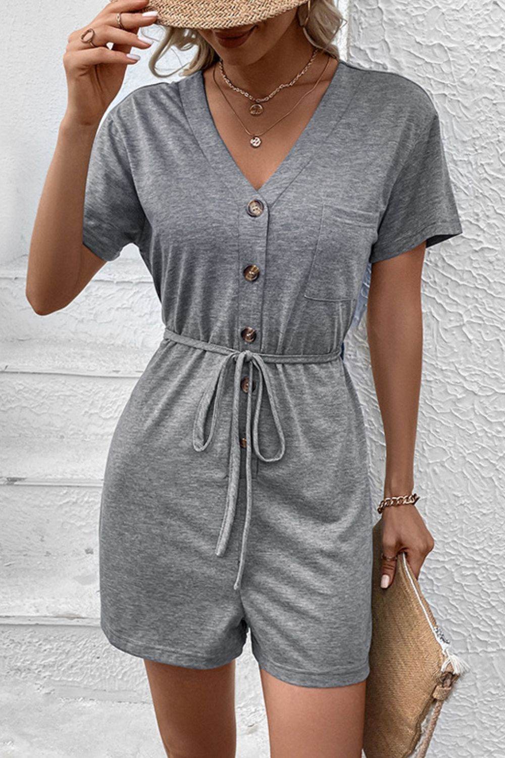 Perfee V-Neck Short Sleeve Tied Romper - Selvanelle
