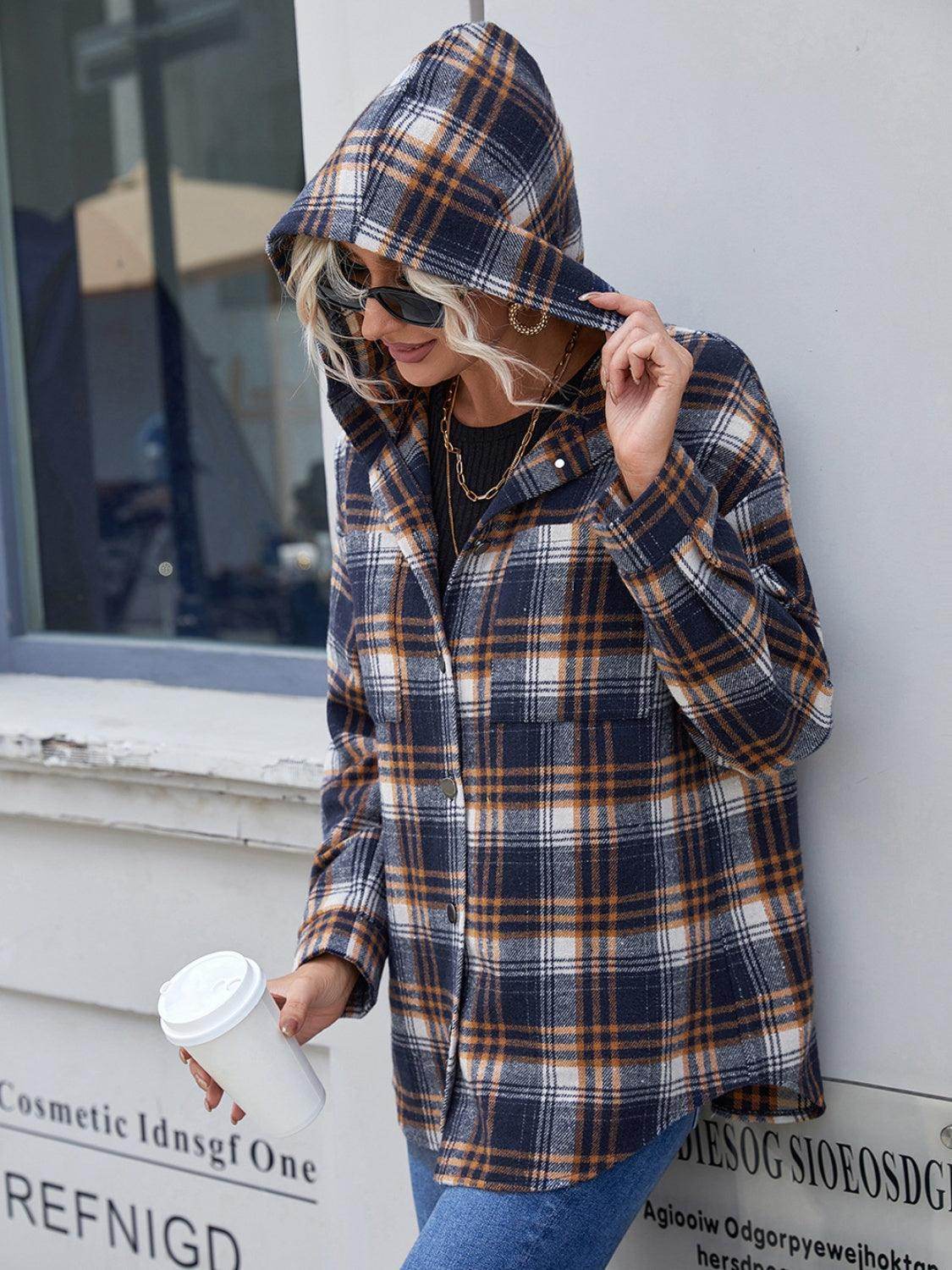 Ivy Lane Plaid Button Up Long Sleeve Hooded Jacket for Women - Selvanelle
