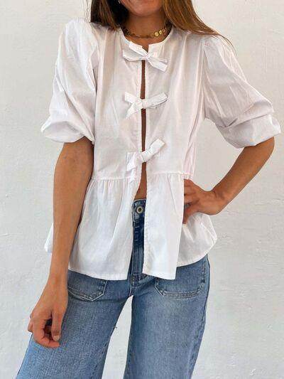 Tied Round Neck Balloon Sleeve Shirt for Stylish Look - Selvanelle