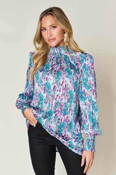 Double Take Full Size Printed Smocked Long Sleeve Blouse - Selvanelle