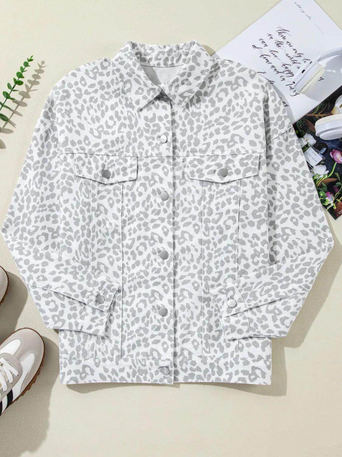 Leopard Button Up Long Sleeve Denim Jacket for Women - Selvanelle