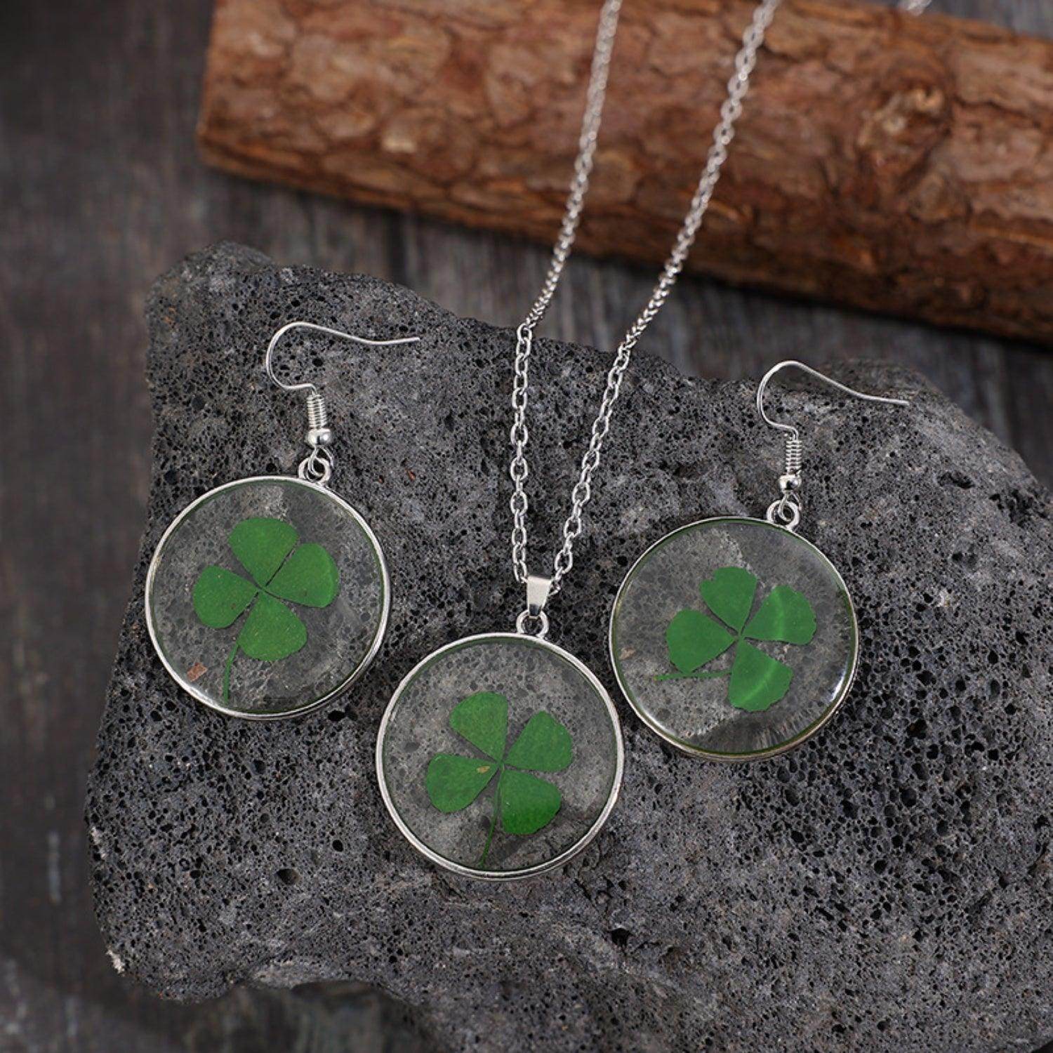 Lucky Clover Alloy Acrylic Earrings and Necklace Jewelry Set - Selvanelle