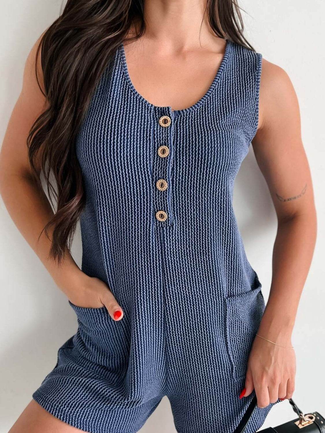 Lovelet Texture Wide Strap Romper with Pockets - Selvanelle