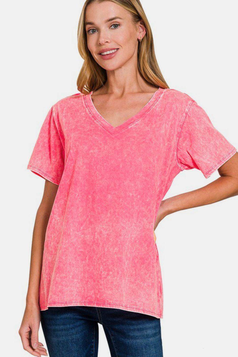 Zenana Full Size Washed Short Sleeve V-Neck T-Shirt Casual - Selvanelle