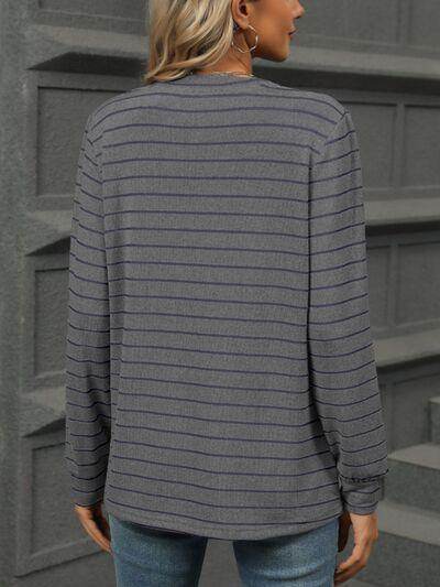 Striped Notched Long Sleeve T-Shirt for Casual Style - Selvanelle
