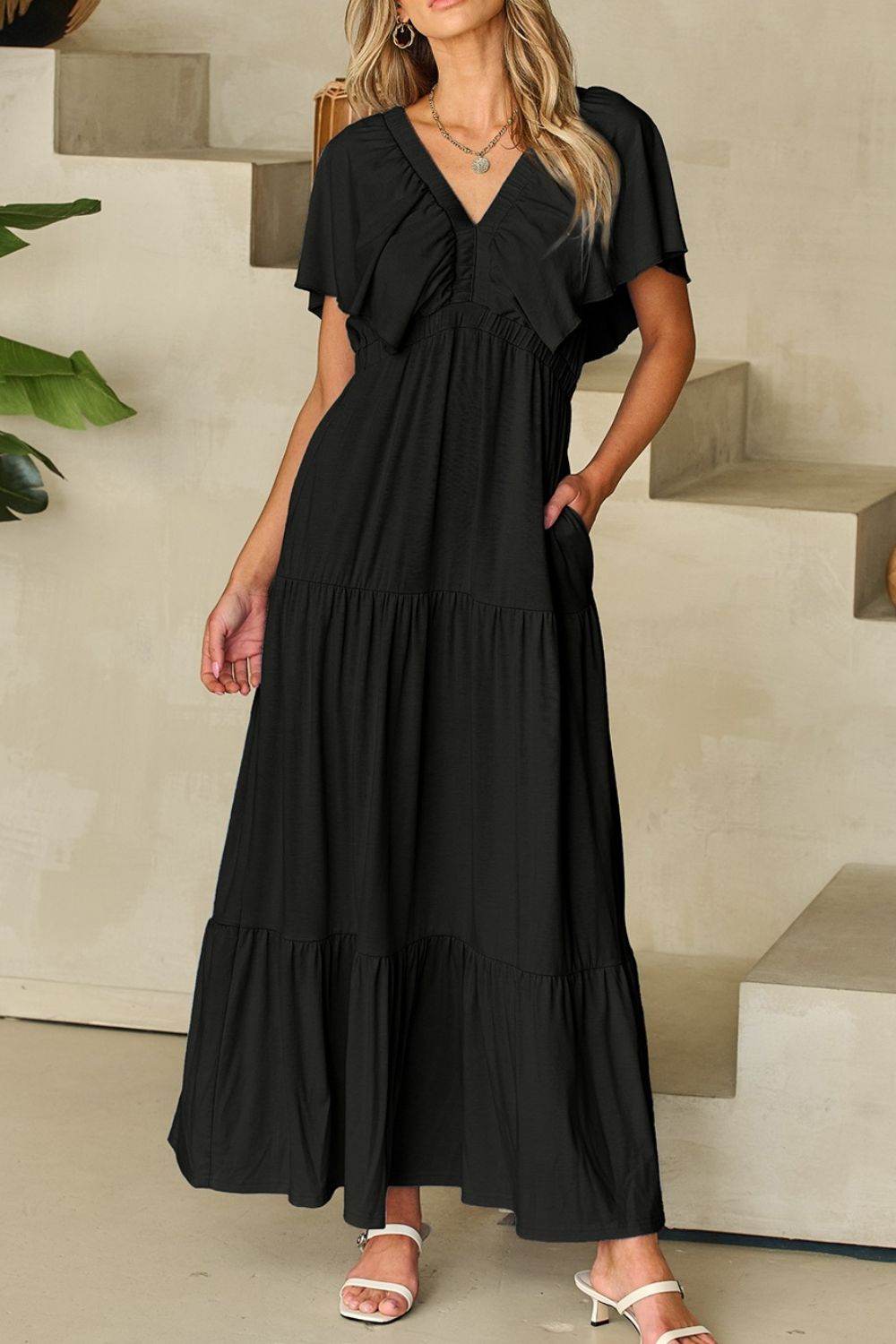 Ruffled V Neck Flutter Sleeve Maxi Dress - Selvanelle
