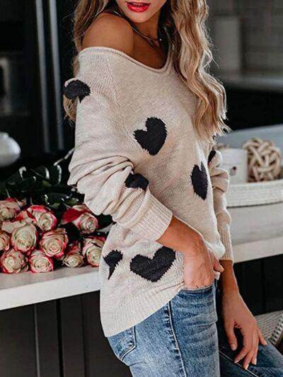 Heart Scoop Neck Long Sleeve Sweater for Women Cozy Style - Selvanelle