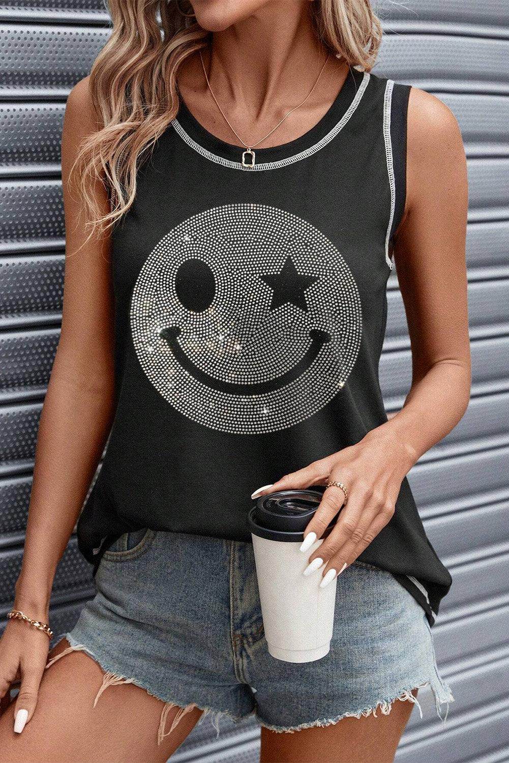 Rhinestone Smile Face Round Neck Tank Top for Women - Selvanelle