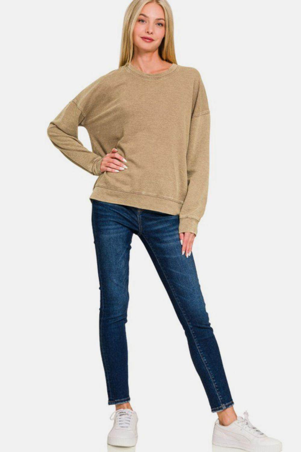 Zenana Washed Round Neck Dropped Shoulder Sweatshirt for Women - Selvanelle
