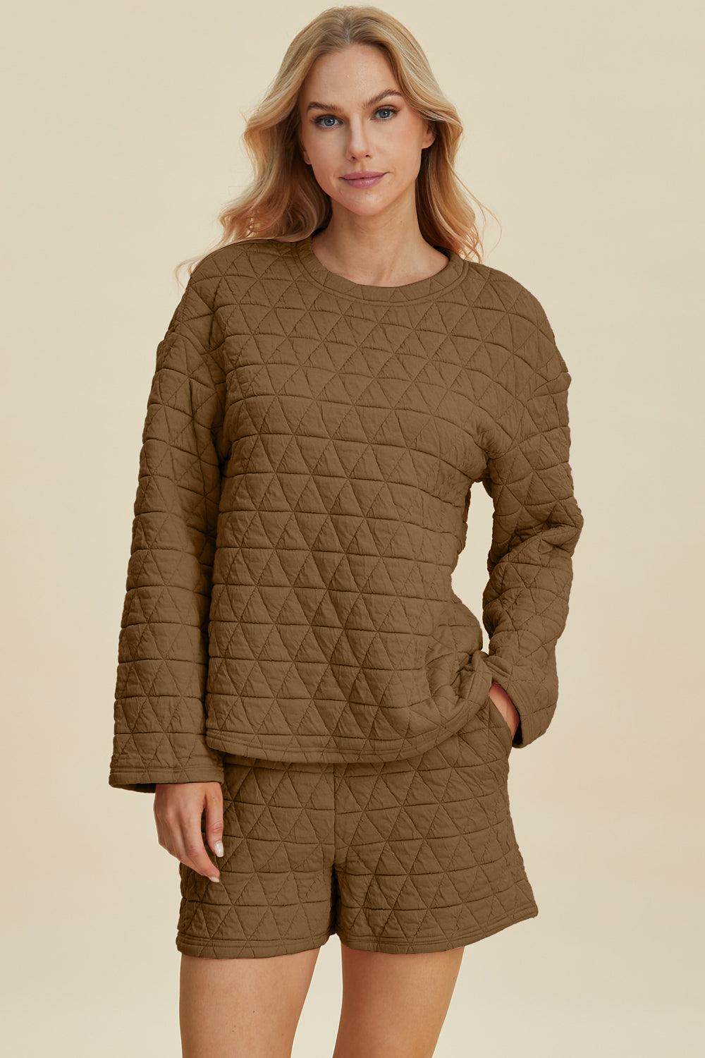 Double Take Full Size Texture Round Neck Long Sleeve Top and Shorts Set for Women - Selvanelle