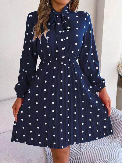 Polka Dot Tie Neck Pleated Dress for Stylish Occasions - Selvanelle