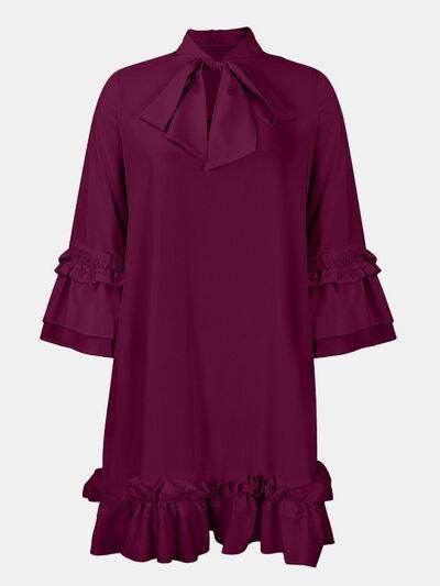 Frill Tie Neck Three-Quarter Sleeve Dress for Women - Selvanelle