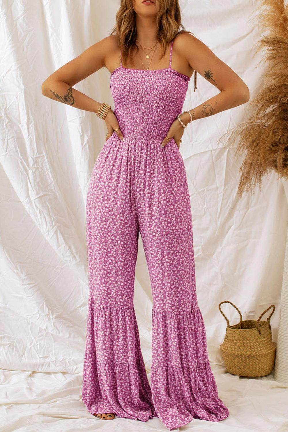 Smocked Printed Wide Strap Jumpsuit for Women Fashion - Selvanelle
