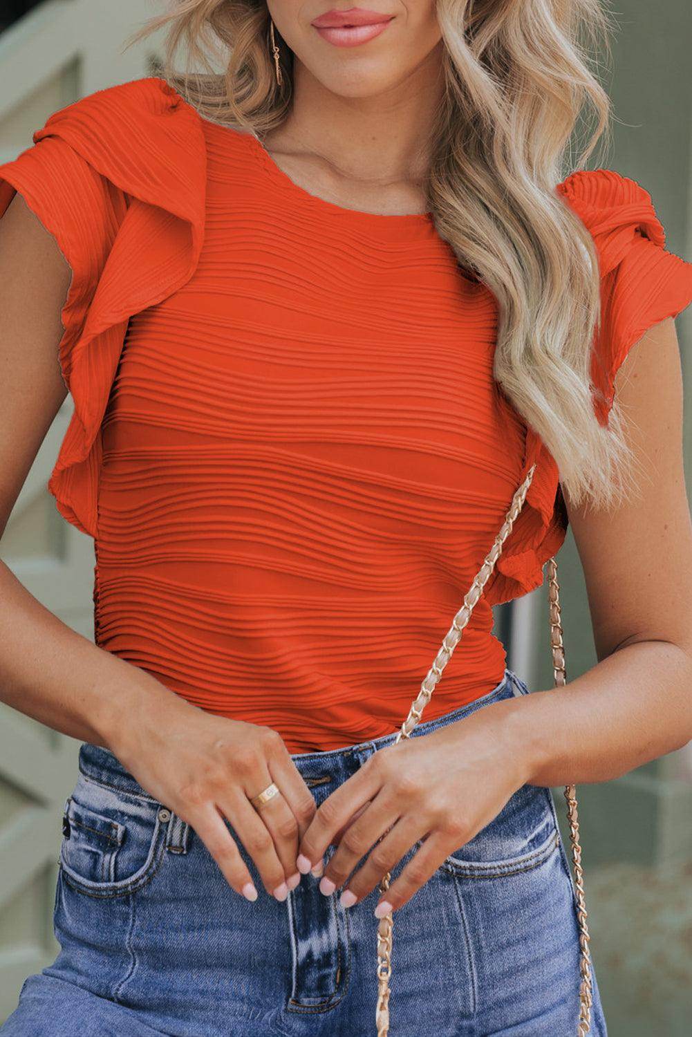 Textured Round Neck Cap Sleeve Top for Casual Style - Selvanelle