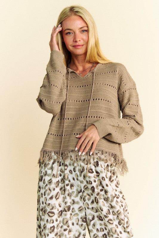 Davi & Dani Fringe Hem Openwork Drop Shoulder Knit Top - Selvanelle