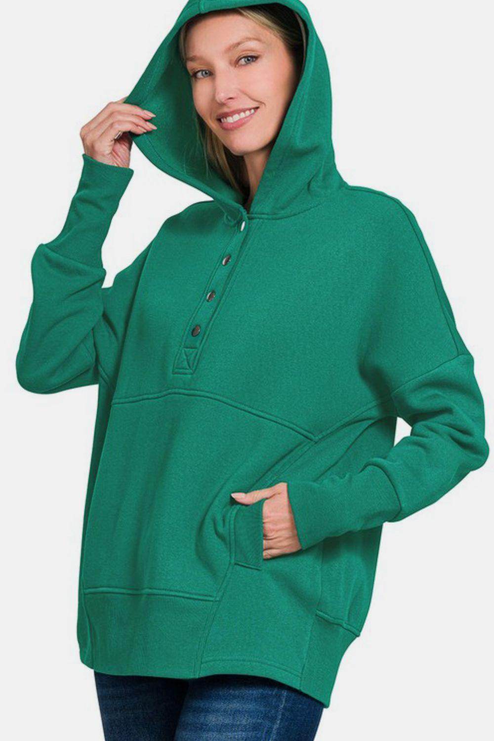 Zenana Half Snap Long Sleeve Hoodie with Kangaroo Pocket - Selvanelle