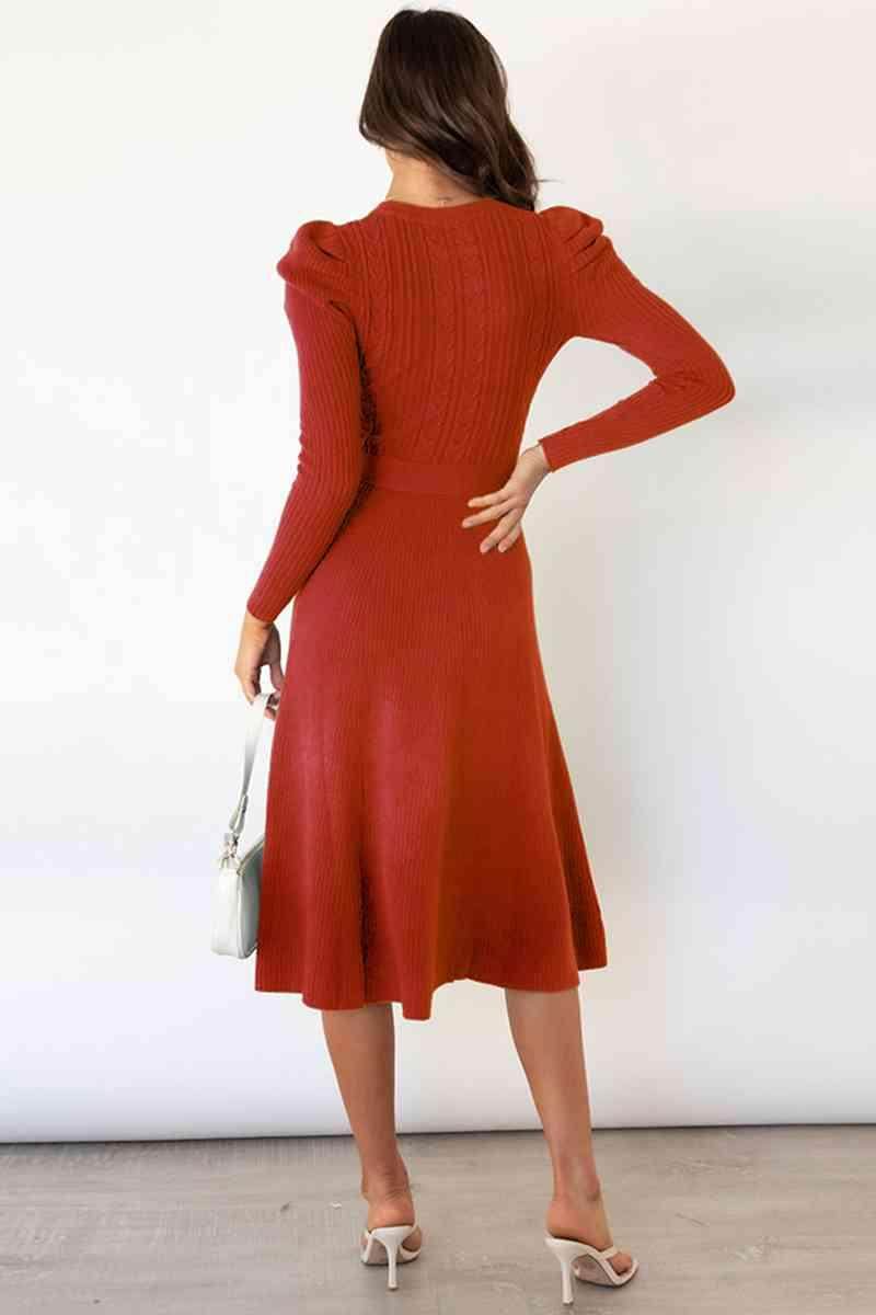 Round Neck Long Sleeve Tie Waist Sweater Dress for Women - Selvanelle