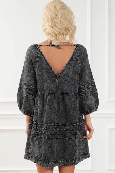 V-Neck Tie Back Mini Denim Dress for Women in Various Sizes - Selvanelle