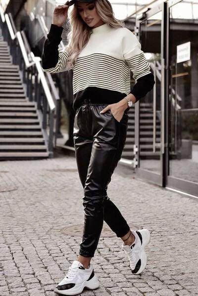 Striped Color Block Long Sleeve Knit Top for Women - Selvanelle