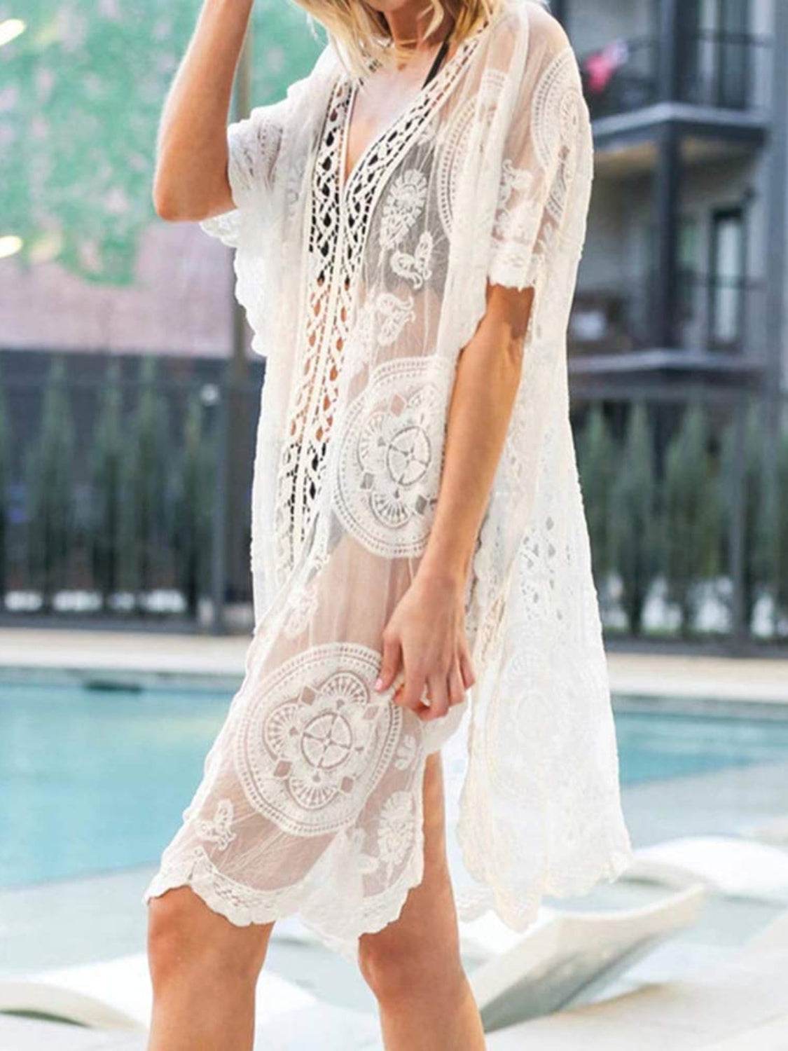 Lace V-Neck Half Sleeve Cover-Up - Selvanelle