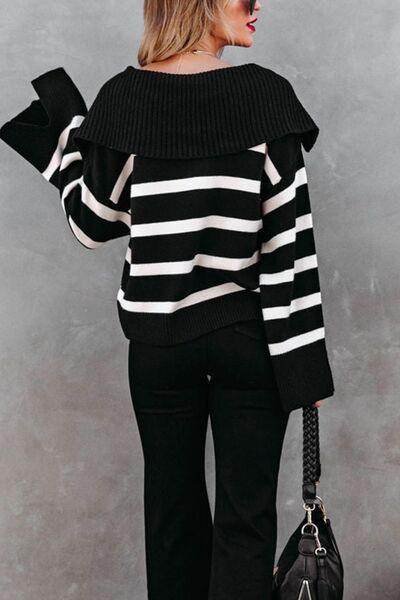 Striped Johnny Collar Long Sleeve Sweater for Women - Selvanelle