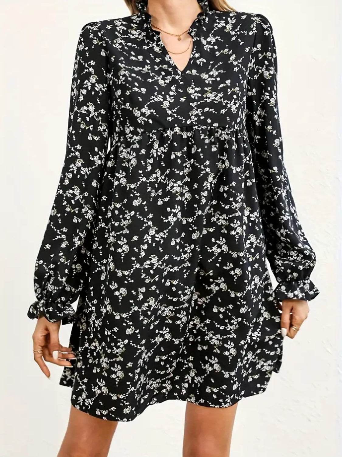 Ditsy Floral Notched Flounce Sleeve Dress - Selvanelle