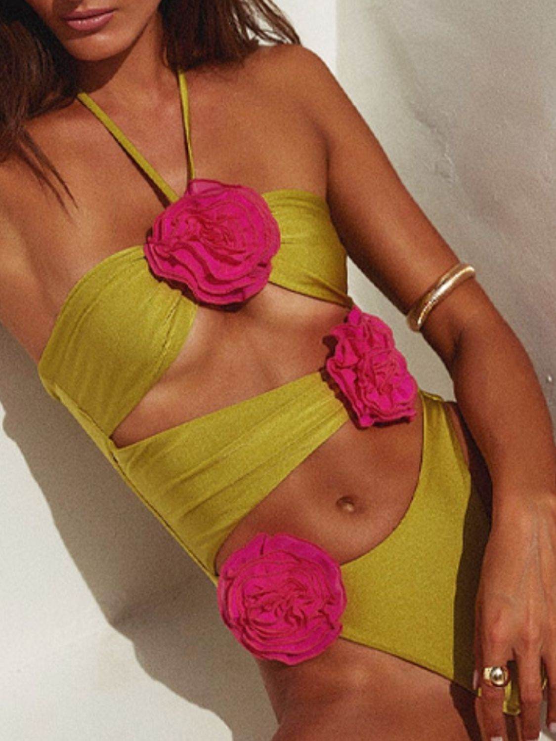 Flower Cutout Halter Neck One-Piece Swimwear - Selvanelle