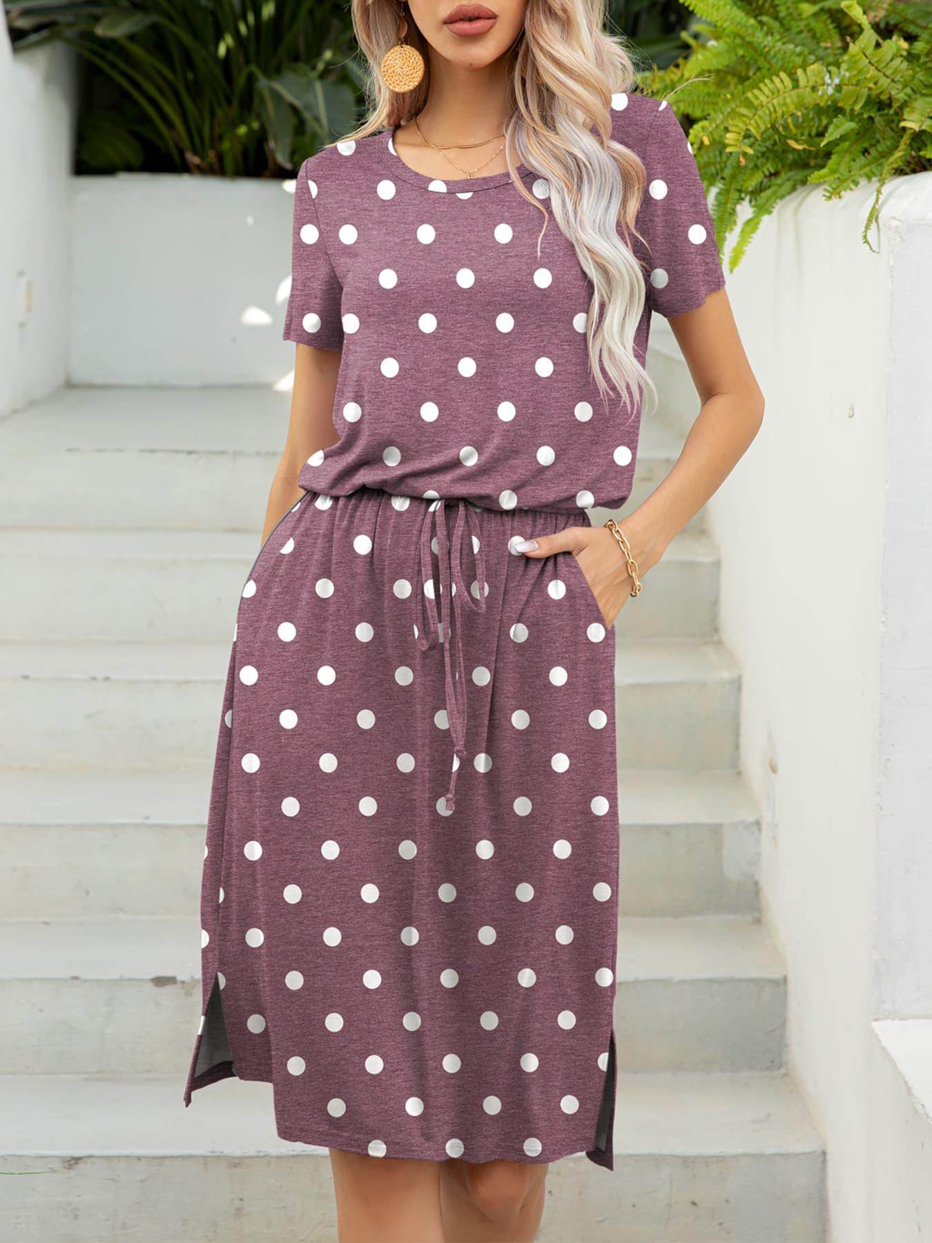 Round Neck Short Sleeve Slit Dress with Pockets for Women - Selvanelle