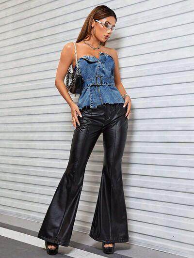 Buttoned Raw Hem Tube Denim Top for Stylish Comfort - Selvanelle