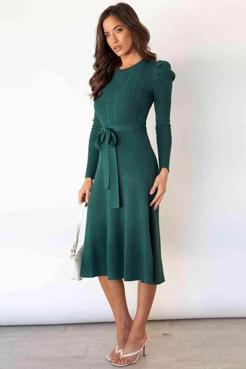 Round Neck Long Sleeve Tie Waist Sweater Dress for Women - Selvanelle