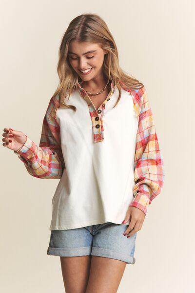 J.NNA Plaid Contrast Button Down Henley Top for Women - Selvanelle