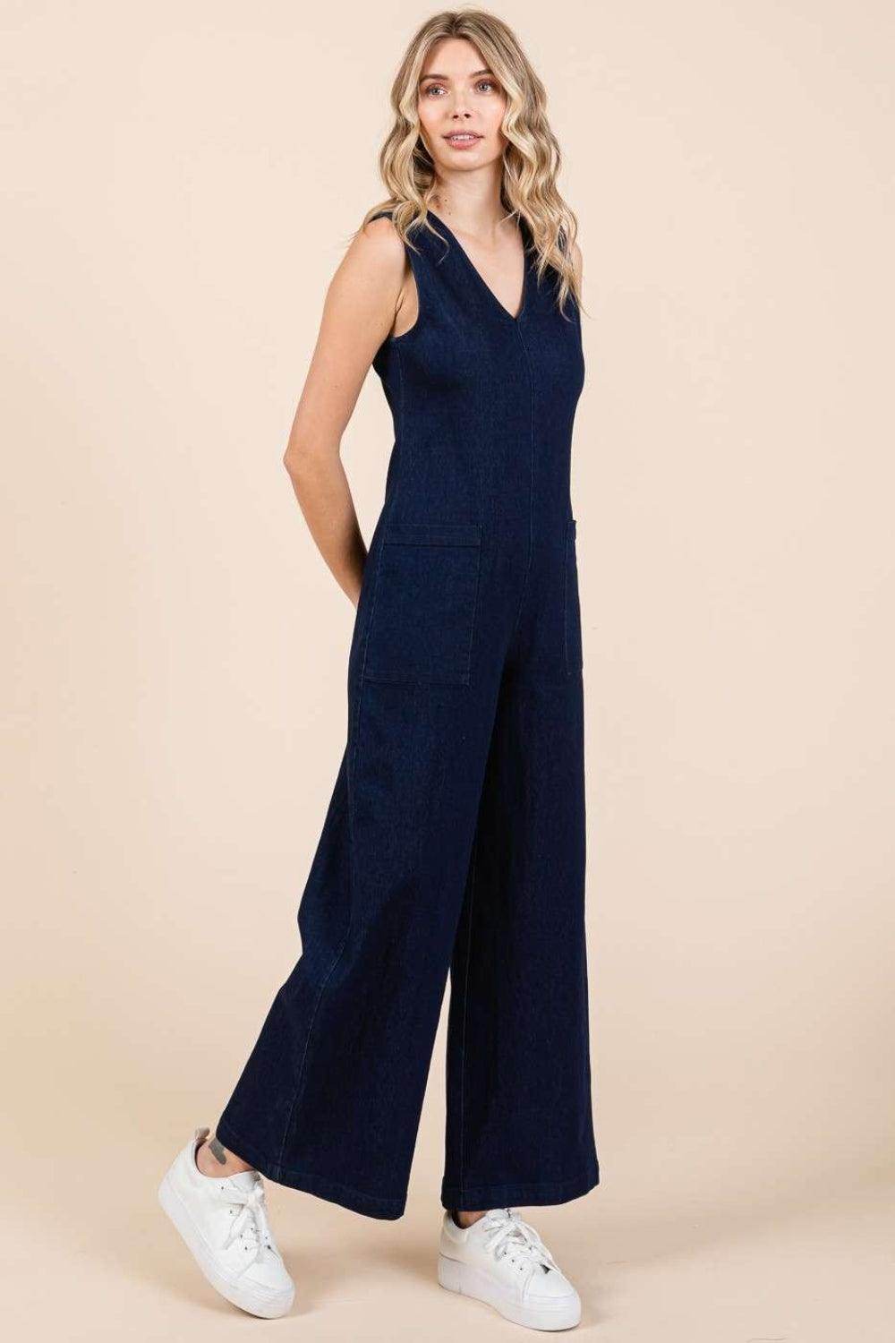Mittoshop Sleeveless Wide Leg Denim Jumpsuit for Women - Selvanelle
