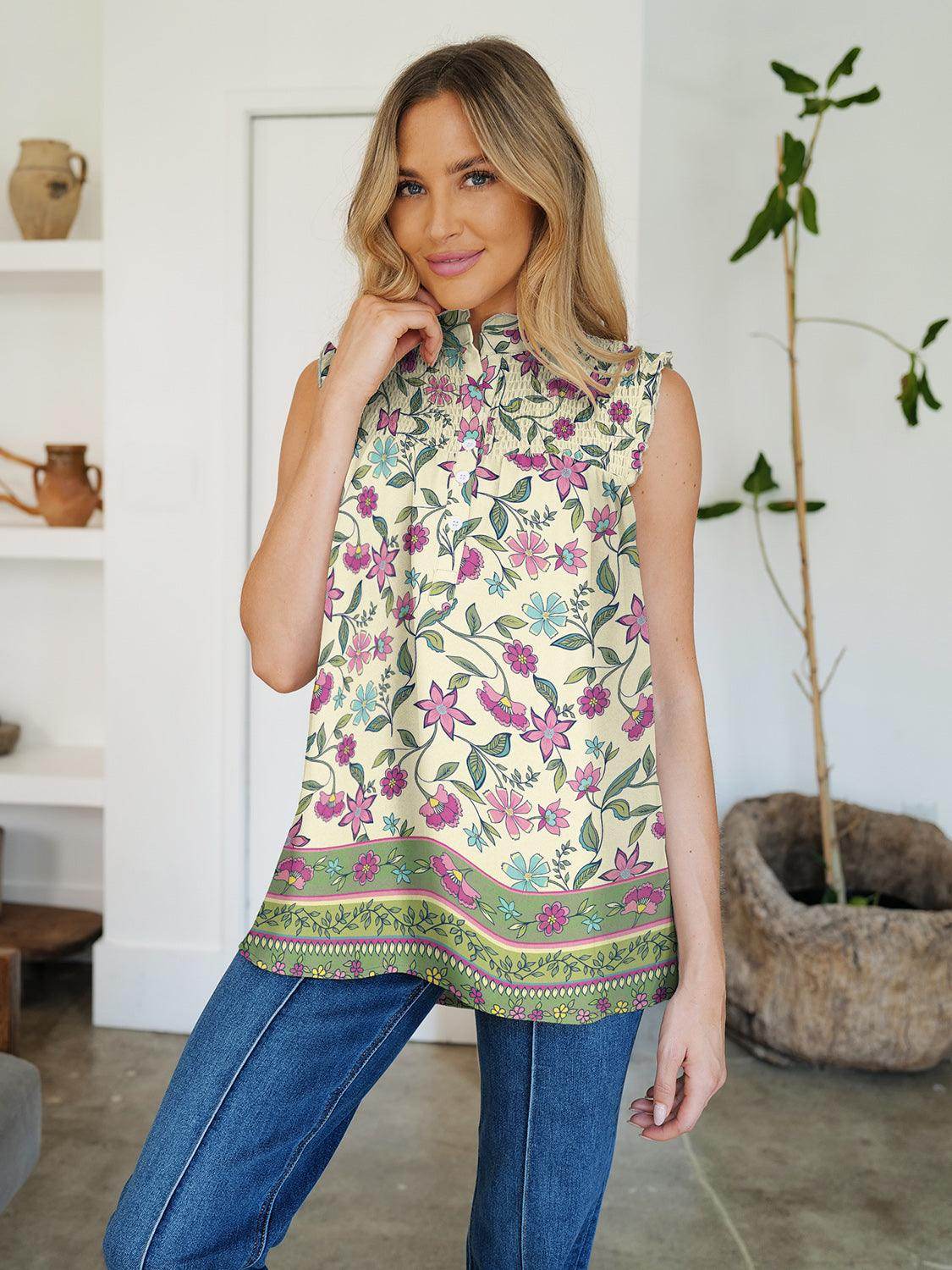 FAM-FAM Frill Printed Mock Neck Top for Stylish Outfits - Selvanelle