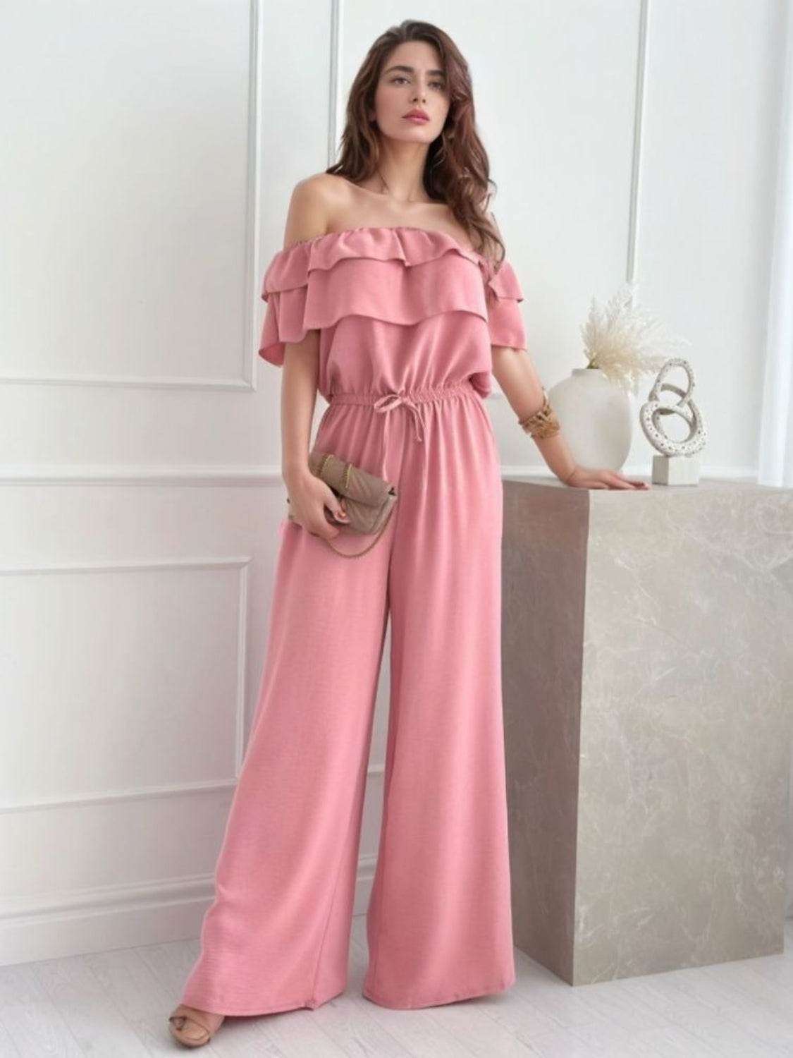 Ruffled Off Shoulder Wide Leg Jumpsuit - Selvanelle