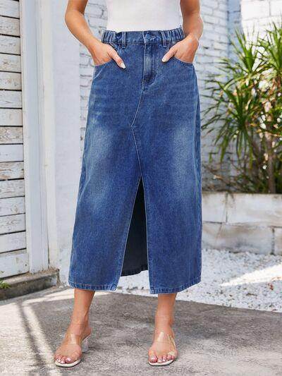 Slit Midi Denim Skirt with Pockets for Stylish Women - Selvanelle