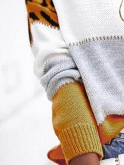 Leopard Color Block Round Neck Long Sleeve Sweater for Women - Selvanelle