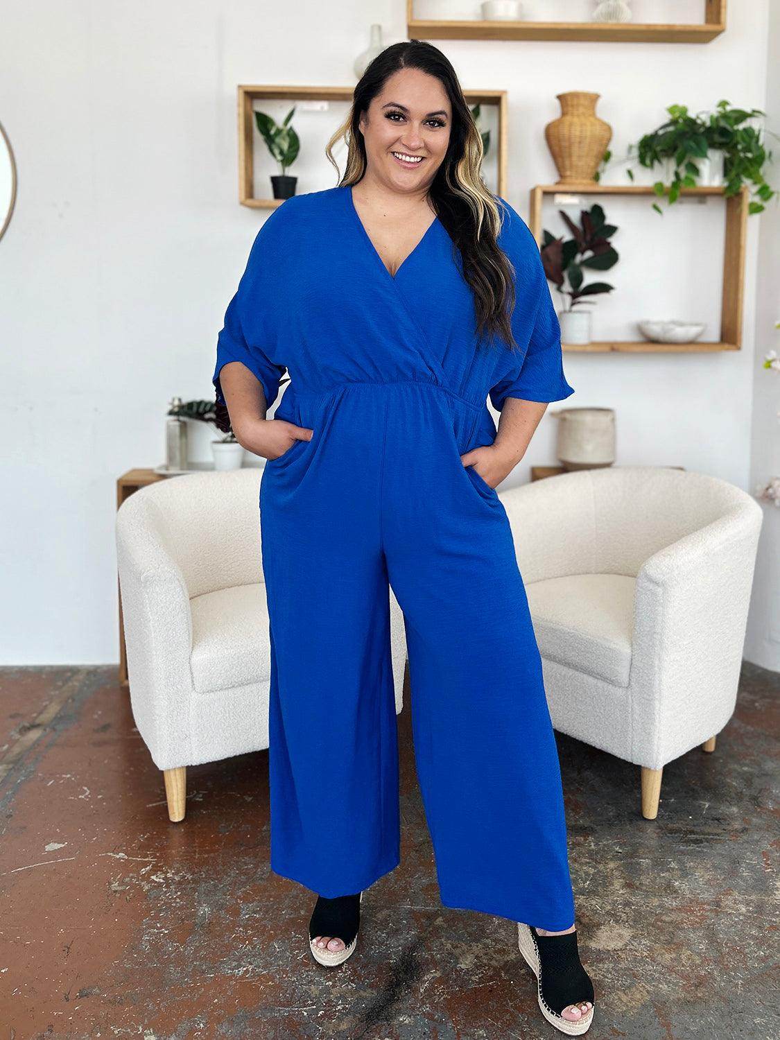 Double Take Full Size Surplice Wide Leg Jumpsuit with Pockets - Selvanelle