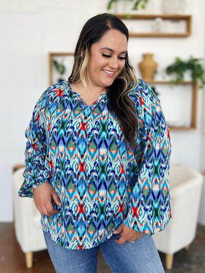 Double Take Full Size Printed Balloon Sleeve Blouse Women - Selvanelle