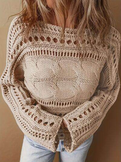 Hollow Out Cable-Knit Boat Neck Sweater for Women - Selvanelle